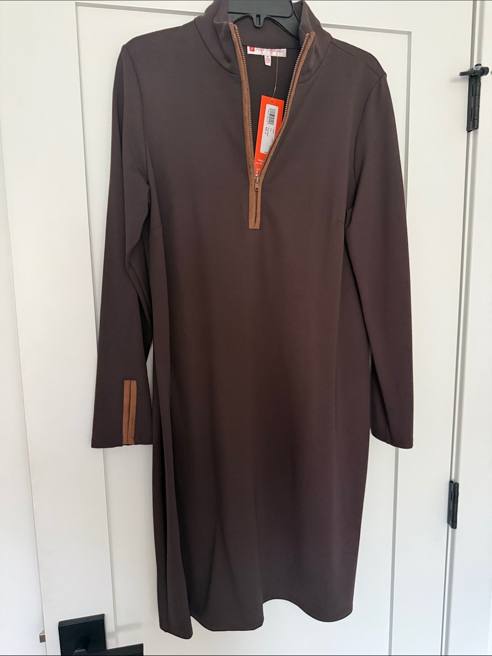 Jude Connally Chocolate Brown Long-Sleeve Half-Zip Dress with Tan Trim